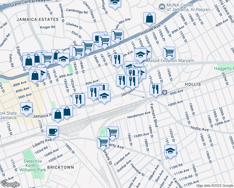 map of restaurants, bars, coffee shops, grocery stores, and more near 186-01 Jamaica Avenue in Queens
