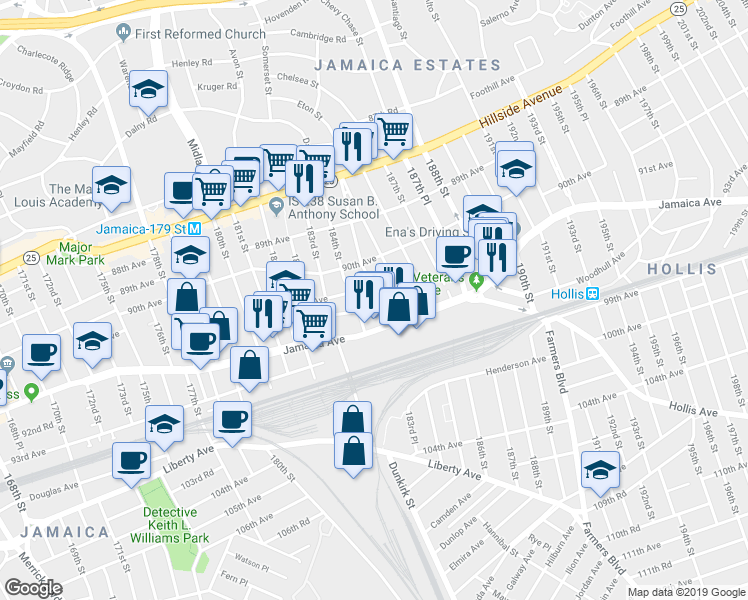 map of restaurants, bars, coffee shops, grocery stores, and more near 9119 184th Street in Queens