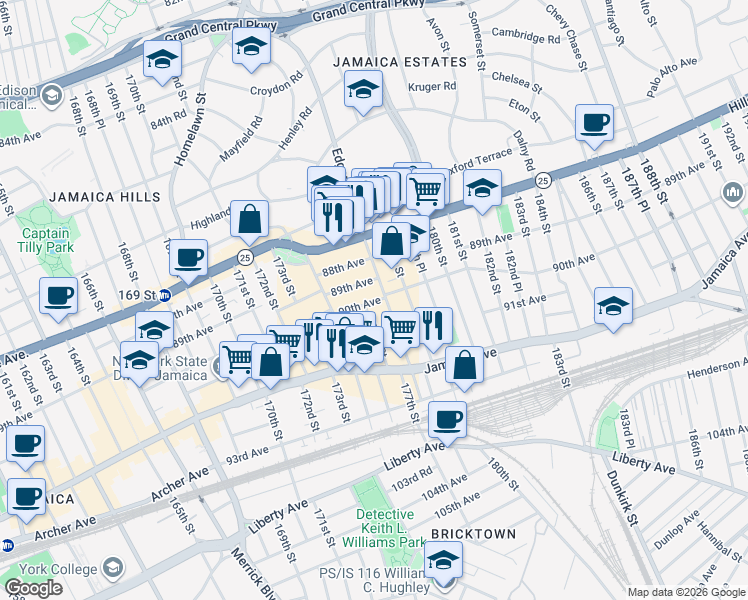 map of restaurants, bars, coffee shops, grocery stores, and more near 90-01 176th Street in Queens
