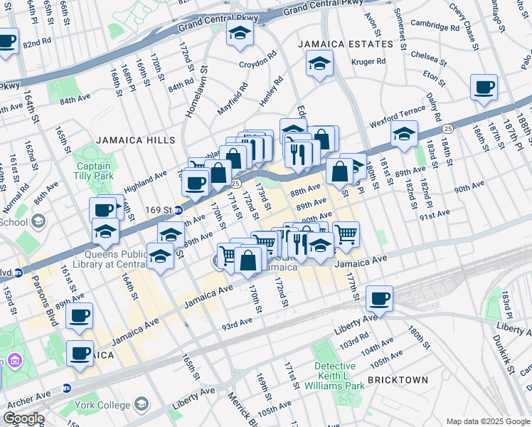 map of restaurants, bars, coffee shops, grocery stores, and more near 1732A 89th Avenue in Queens