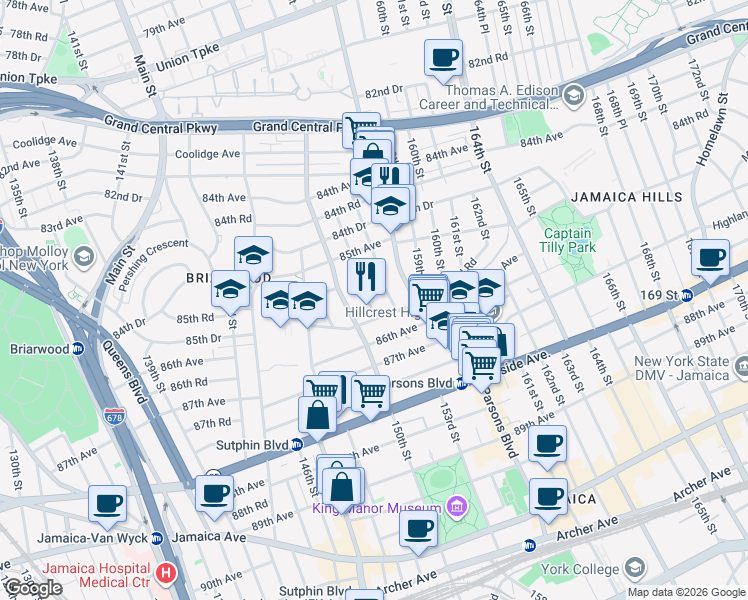 map of restaurants, bars, coffee shops, grocery stores, and more near 85-64 151st Street in Queens