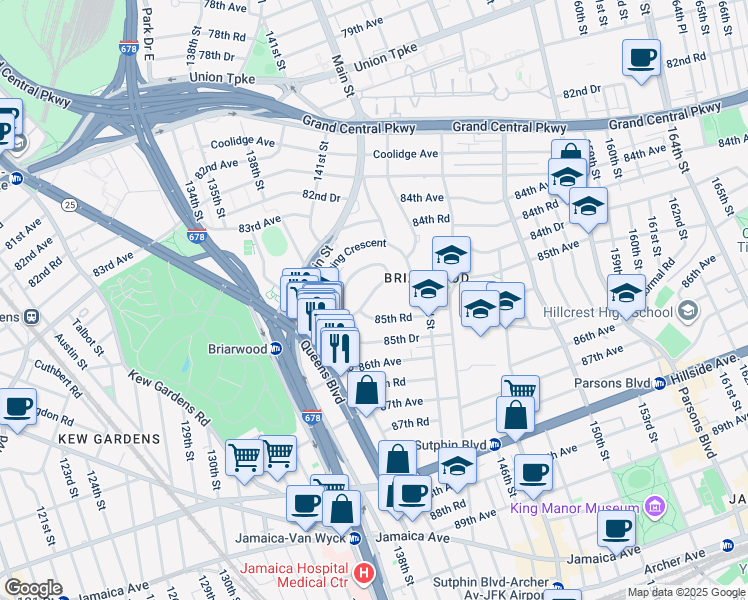 map of restaurants, bars, coffee shops, grocery stores, and more near 140-17 84th Drive in Queens