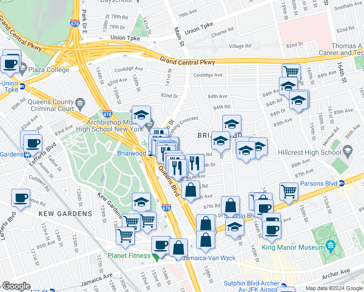 map of restaurants, bars, coffee shops, grocery stores, and more near 140-17 84th Drive in Queens