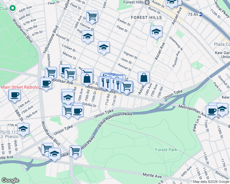 map of restaurants, bars, coffee shops, grocery stores, and more near 103-14 Metropolitan Avenue in Queens