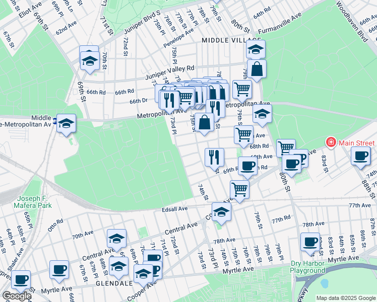 map of restaurants, bars, coffee shops, grocery stores, and more near 73-15 68th Road in Queens