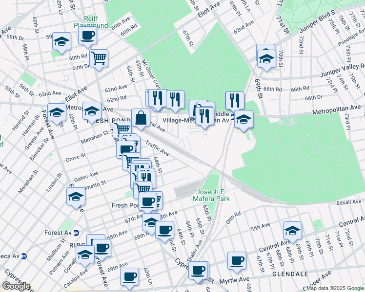 map of restaurants, bars, coffee shops, grocery stores, and more near 65101 Terrace Court in Queens