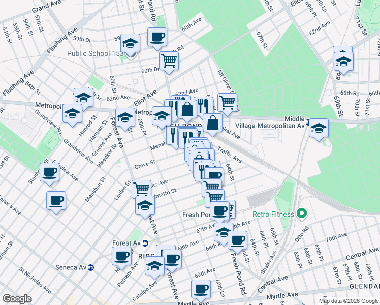 map of restaurants, bars, coffee shops, grocery stores, and more near 64-13 Fresh Pond Road in Queens