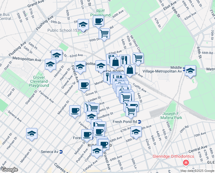 map of restaurants, bars, coffee shops, grocery stores, and more near 60-46 Grove Street in Queens