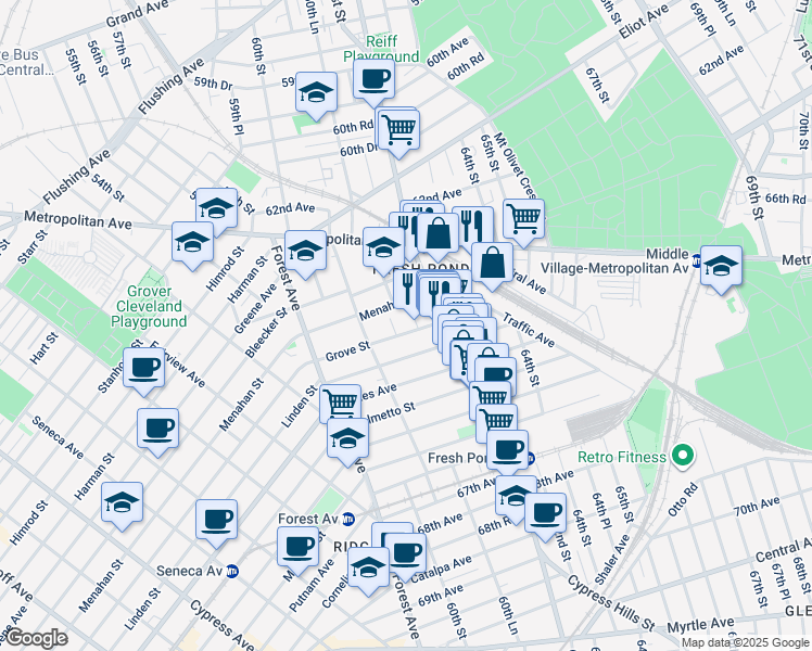 map of restaurants, bars, coffee shops, grocery stores, and more near 60-46 Grove Street in Queens