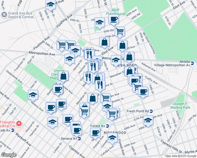 map of restaurants, bars, coffee shops, grocery stores, and more near 63-24 Forest Avenue in Queens
