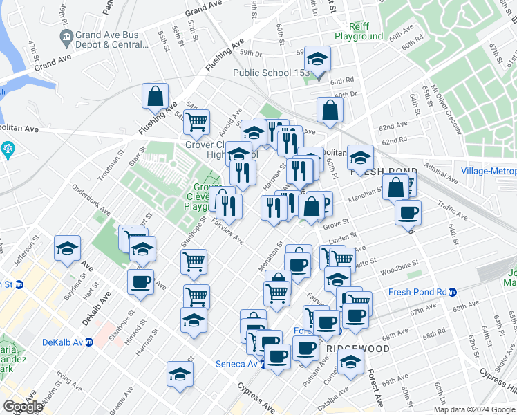 map of restaurants, bars, coffee shops, grocery stores, and more near 483 Grandview Avenue in Queens