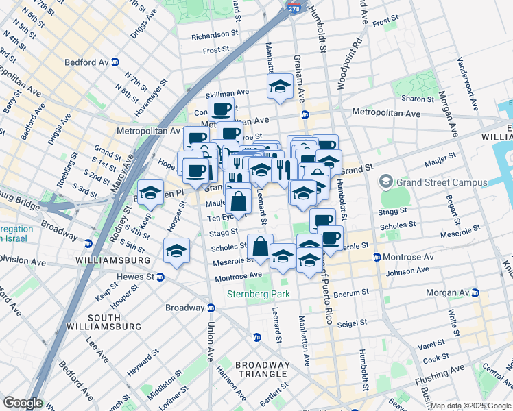 map of restaurants, bars, coffee shops, grocery stores, and more near 176 Leonard Street in Brooklyn