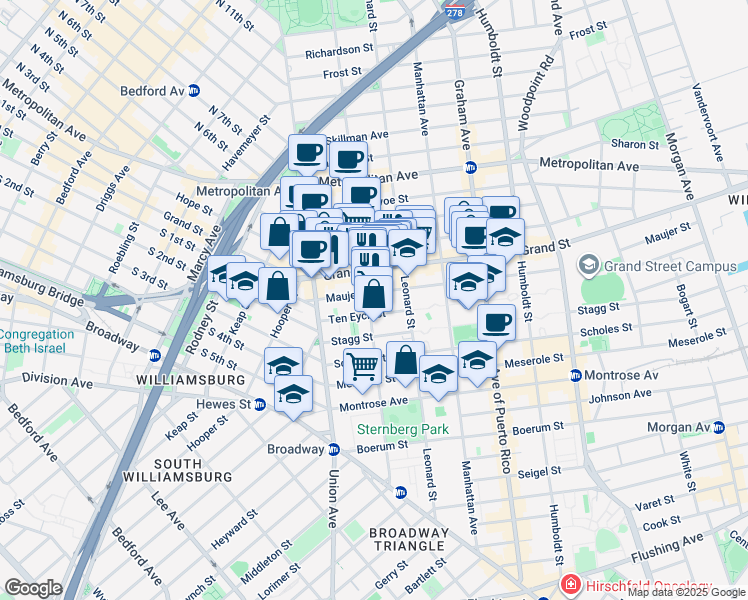 map of restaurants, bars, coffee shops, grocery stores, and more near 49 Ten Eyck Street in Brooklyn