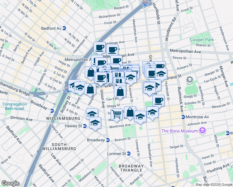 map of restaurants, bars, coffee shops, grocery stores, and more near 51 Ten Eyck Street in Brooklyn