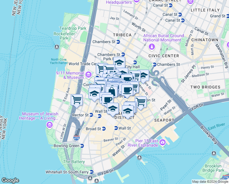 map of restaurants, bars, coffee shops, grocery stores, and more near in New York