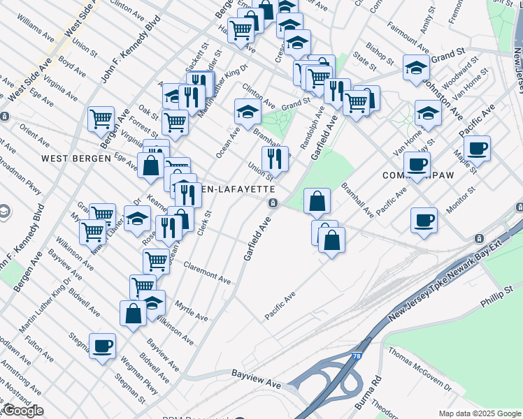 map of restaurants, bars, coffee shops, grocery stores, and more near in Jersey City