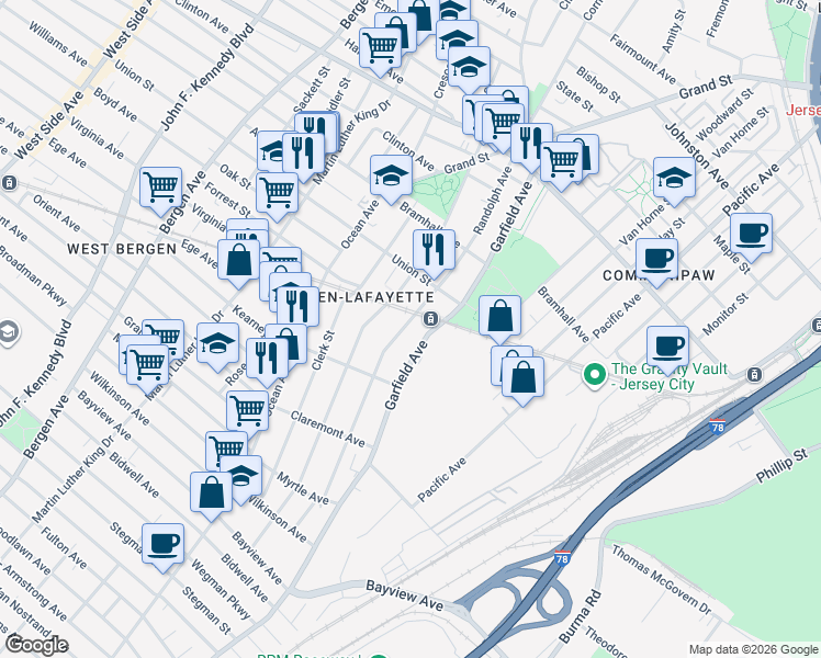 map of restaurants, bars, coffee shops, grocery stores, and more near in Jersey City
