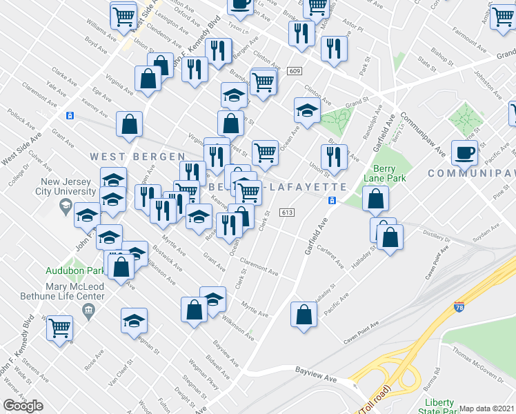map of restaurants, bars, coffee shops, grocery stores, and more near 700 Ocean Avenue in Jersey City
