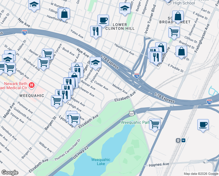 map of restaurants, bars, coffee shops, grocery stores, and more near 25-27 Custer Avenue in Newark