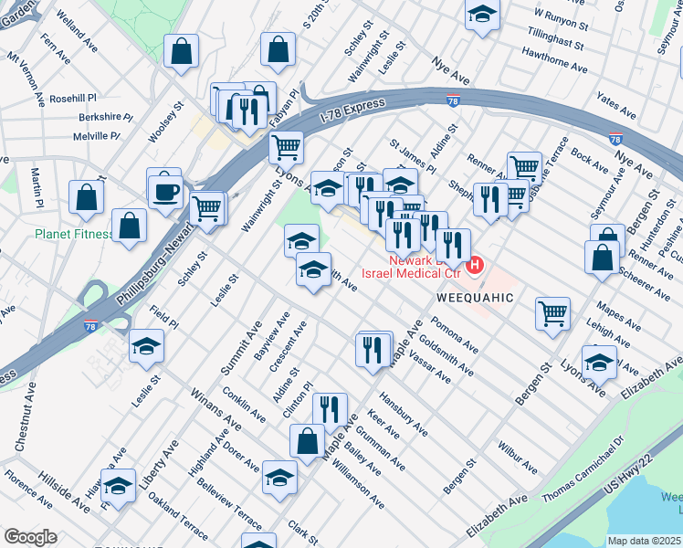 map of restaurants, bars, coffee shops, grocery stores, and more near 279 Goldsmith Avenue in Newark