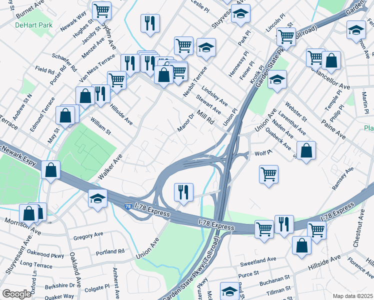 map of restaurants, bars, coffee shops, grocery stores, and more near 407 Orchard Meadows Drive South in Union