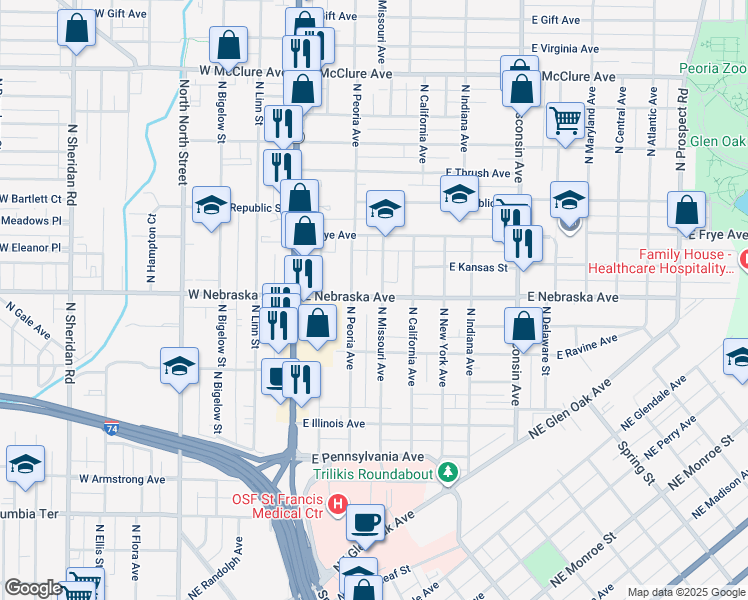 map of restaurants, bars, coffee shops, grocery stores, and more near 1835 North Missouri Avenue in Peoria