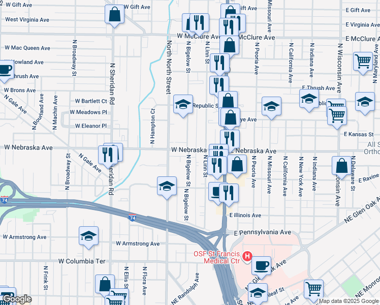 map of restaurants, bars, coffee shops, grocery stores, and more near 1818 North Bigelow Street in Peoria