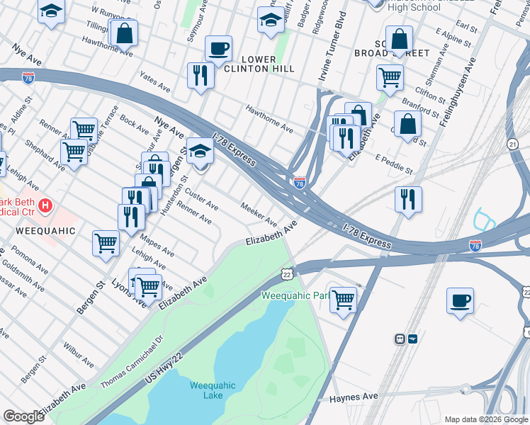 map of restaurants, bars, coffee shops, grocery stores, and more near 243-245 Meeker Avenue in Newark