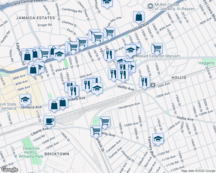 map of restaurants, bars, coffee shops, grocery stores, and more near 186-01 Jamaica Avenue in Queens