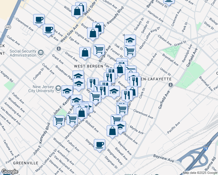 map of restaurants, bars, coffee shops, grocery stores, and more near 165 Claremont Avenue in Jersey City