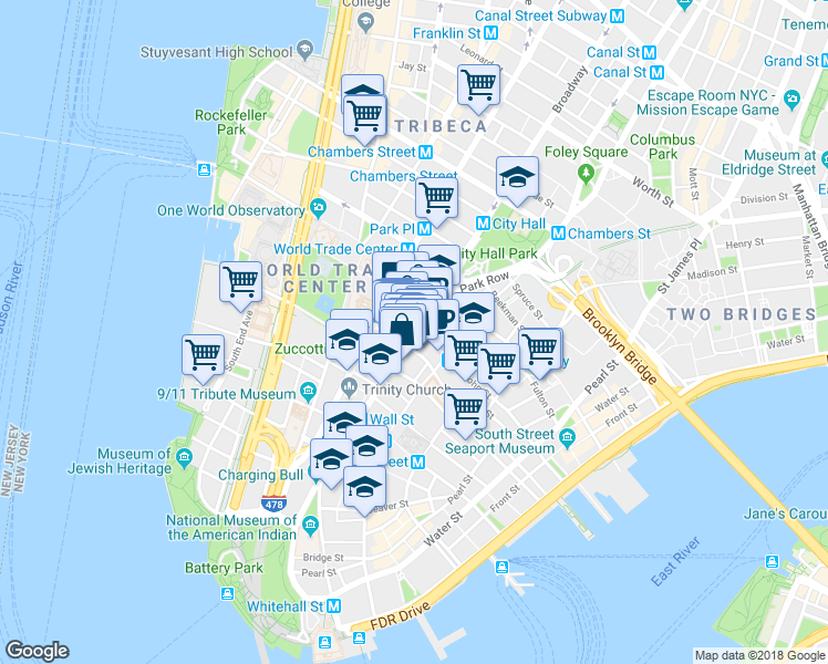 map of restaurants, bars, coffee shops, grocery stores, and more near 175 Broadway in New York