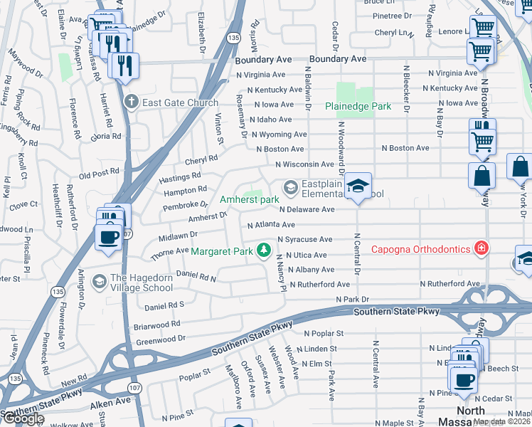 map of restaurants, bars, coffee shops, grocery stores, and more near 517 North Atlanta Avenue in Massapequa