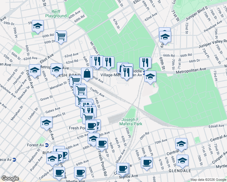 map of restaurants, bars, coffee shops, grocery stores, and more near 65101 Terrace Court in Queens