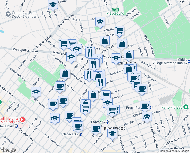 map of restaurants, bars, coffee shops, grocery stores, and more near 63-24 Forest Avenue in Queens