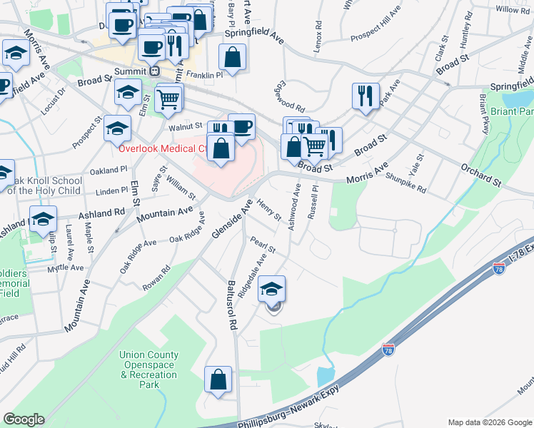 map of restaurants, bars, coffee shops, grocery stores, and more near 9 Henry Street in Summit