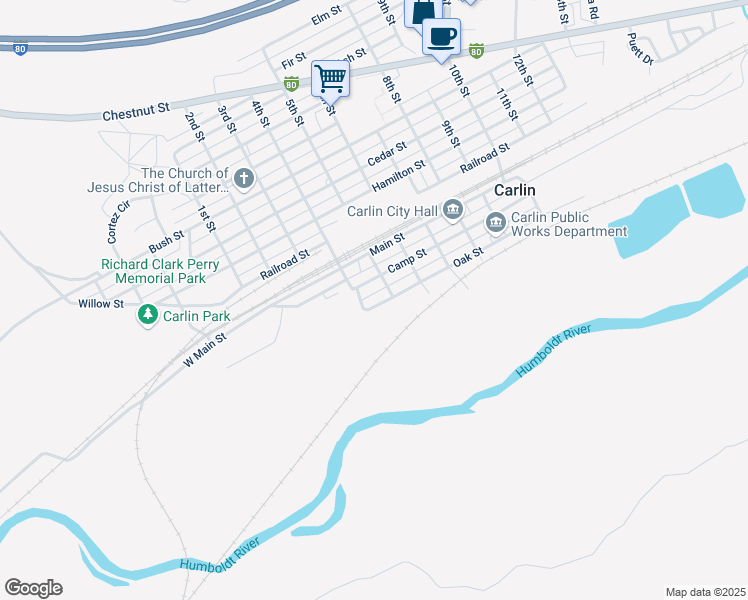 map of restaurants, bars, coffee shops, grocery stores, and more near 251 South 5th Street in Carlin