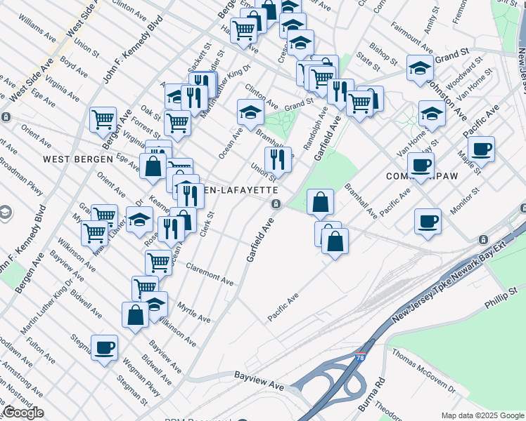 map of restaurants, bars, coffee shops, grocery stores, and more near in Jersey City