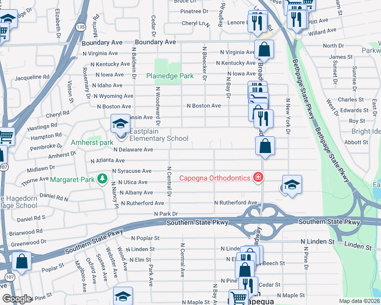 map of restaurants, bars, coffee shops, grocery stores, and more near 273 North Atlanta Avenue in Massapequa