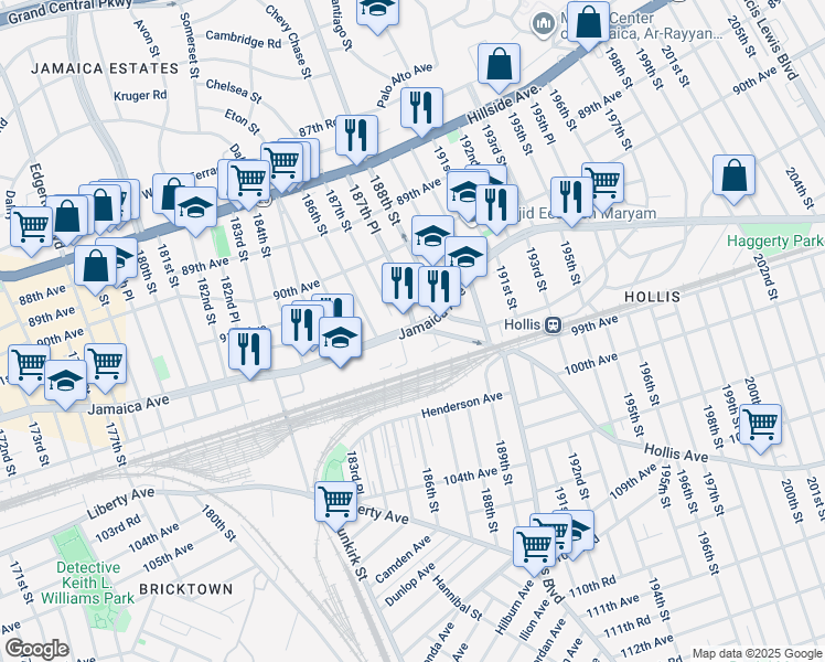 map of restaurants, bars, coffee shops, grocery stores, and more near 187-10 Jamaica Avenue in Queens