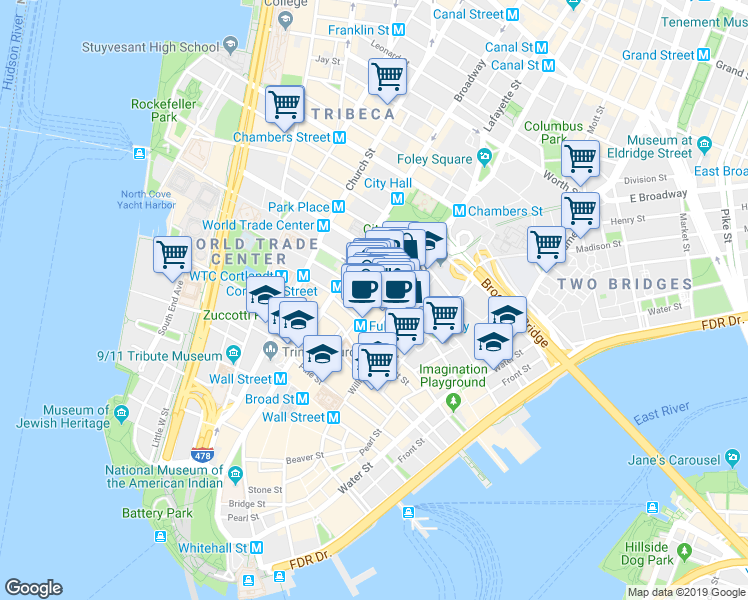 map of restaurants, bars, coffee shops, grocery stores, and more near Fulton St & Nassau St in New York