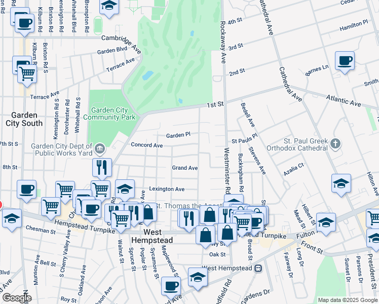 map of restaurants, bars, coffee shops, grocery stores, and more near 227 Hamilton Avenue in West Hempstead