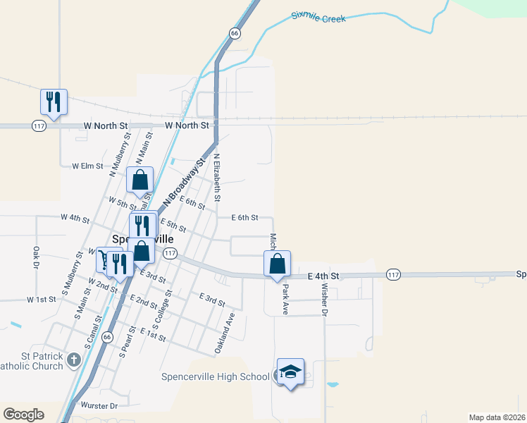 map of restaurants, bars, coffee shops, grocery stores, and more near 514-516 E 6th St in Spencerville
