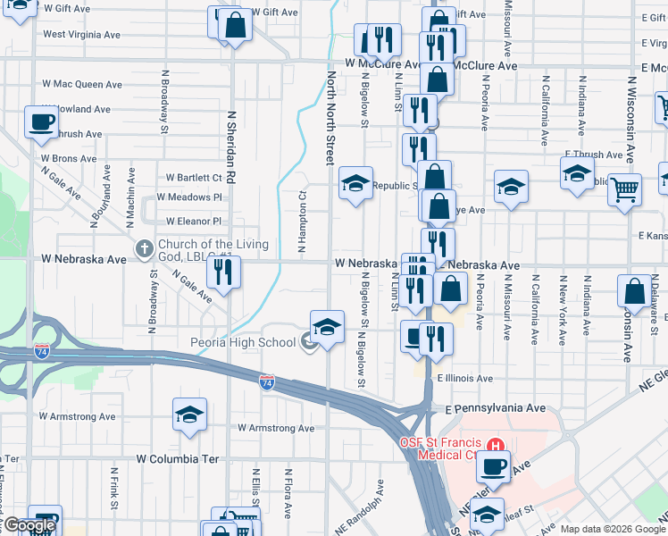 map of restaurants, bars, coffee shops, grocery stores, and more near 322 West Nebraska Avenue in Peoria