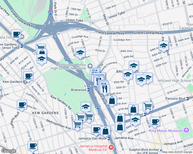 map of restaurants, bars, coffee shops, grocery stores, and more near 8475 Main Street in Queens