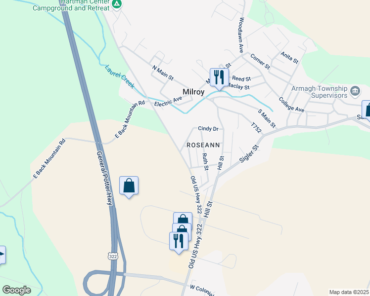 map of restaurants, bars, coffee shops, grocery stores, and more near 49 Liane Street in Milroy