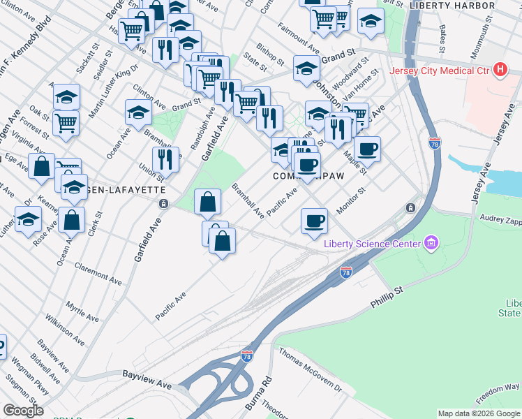 map of restaurants, bars, coffee shops, grocery stores, and more near 338 Bramhall Avenue in Jersey City