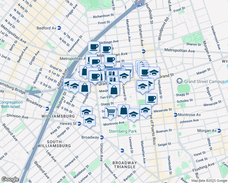 map of restaurants, bars, coffee shops, grocery stores, and more near 49 Ten Eyck Street in Brooklyn