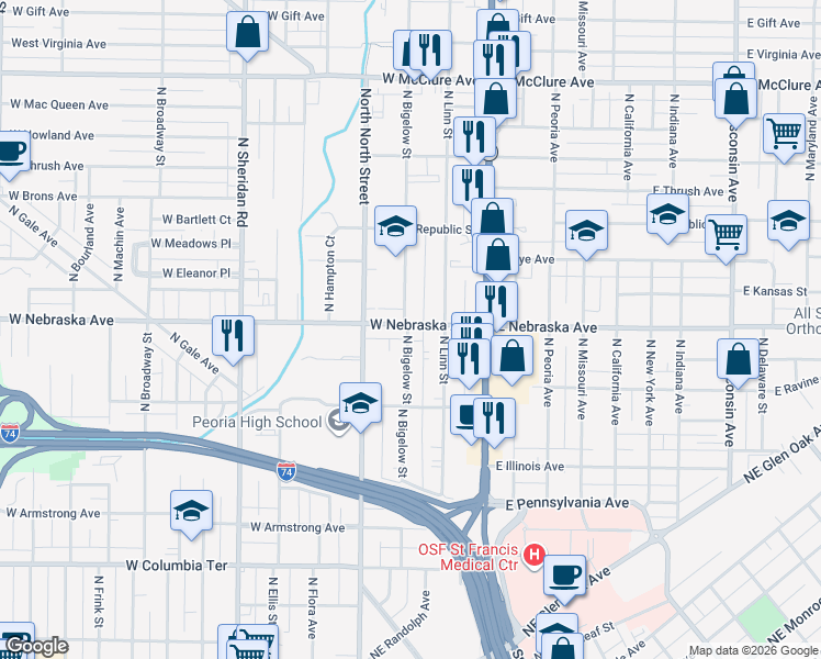 map of restaurants, bars, coffee shops, grocery stores, and more near 1818 North Bigelow Street in Peoria
