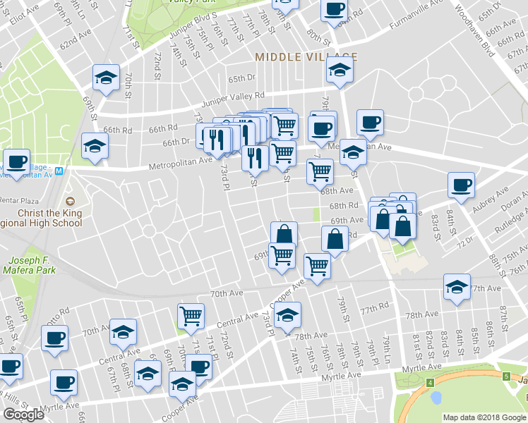 map of restaurants, bars, coffee shops, grocery stores, and more near 68-17 75th Street in Queens