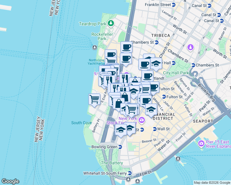 map of restaurants, bars, coffee shops, grocery stores, and more near 91 West Street in New York